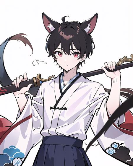 shirt, male_focus, 1boy, solo, white_shirt, collared_shirt, looking_at_viewer, upper_body,1boy, skirt_lift,heisizairenjian,shandian,xingzijue,Rabbit ear,wuxia,holding weapon,dragon,Japanese scene