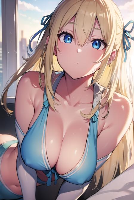 sylphy, blonde hair, blue eyes, hair ribbon, long hair, ribbon, two side up, cleavage, shorts, short shorts, blue shorts,