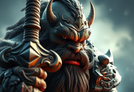 Create a highly detailed, realistic illustration of a close-up of an orc barbarian Goliath with a sword, in the style of Horde 3D. Incorporate intricate, elegant details with volumetric lighting and scenery, similar to a Twitch streamer's full-HQ render or a Pinterest wallpaper splash art. Use Unreal Engine 4.2 for rendering, and maintain sharp focus throughout the image. Ensure the digital painting is highly detailed and suitable for ArtStation or a concept art piece by Ruan Jia or Steve McCurry.