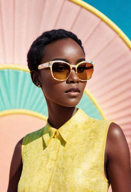 photo RAW,((close-up) African character design,vogue, prada, versace, Square Sunglasses, glamourous, fashion world, editorial, fashion, magazine shoot, fluff, dreamy glow, extraterrestrial, fantastic realism, kitsch outfit, sunrays, pastel,cotton dof, (composition centering, conceptual photography),luminogram, sharp focus, colorful, clear, detailed), masterpiece, award winning photography, natural light, perfect composition, high detail, hyper realistic,lens flare,Timeless Elegance, Classic Tones, Refined Lighting, depth of field,sharp focus