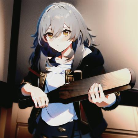 detailed, intricate details, masterpiece, best quality, thatsapaddlin, paddlin, hold_wood_paddle, inside, room  <lora:thatsapaddlin:0.9>,   <lora:female_trailblazerHSR:1>, female trailblazer, black jacket, orange eyes, grey hair