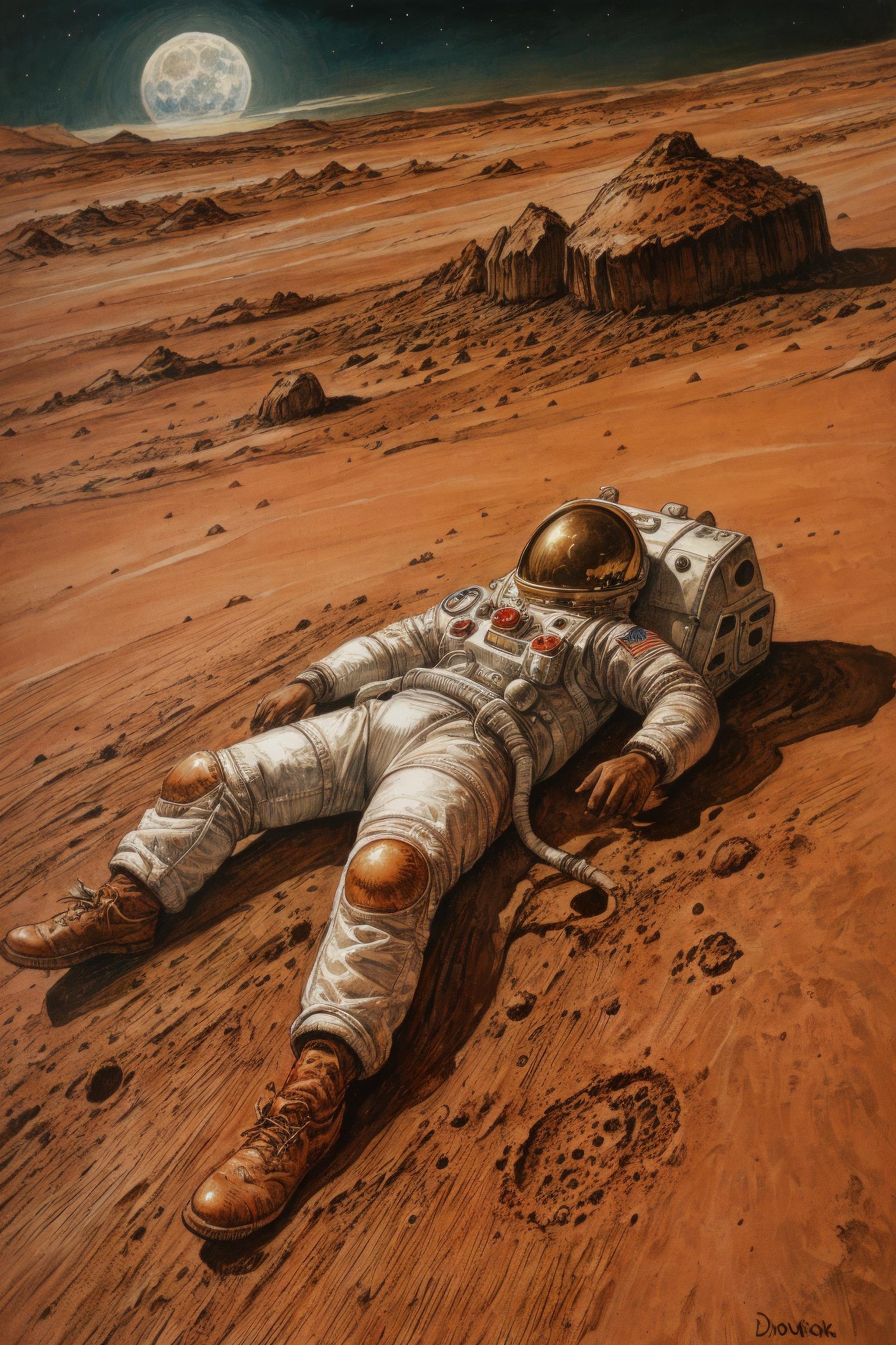 Astronaut Laying on Mars with Helmet and Backpack