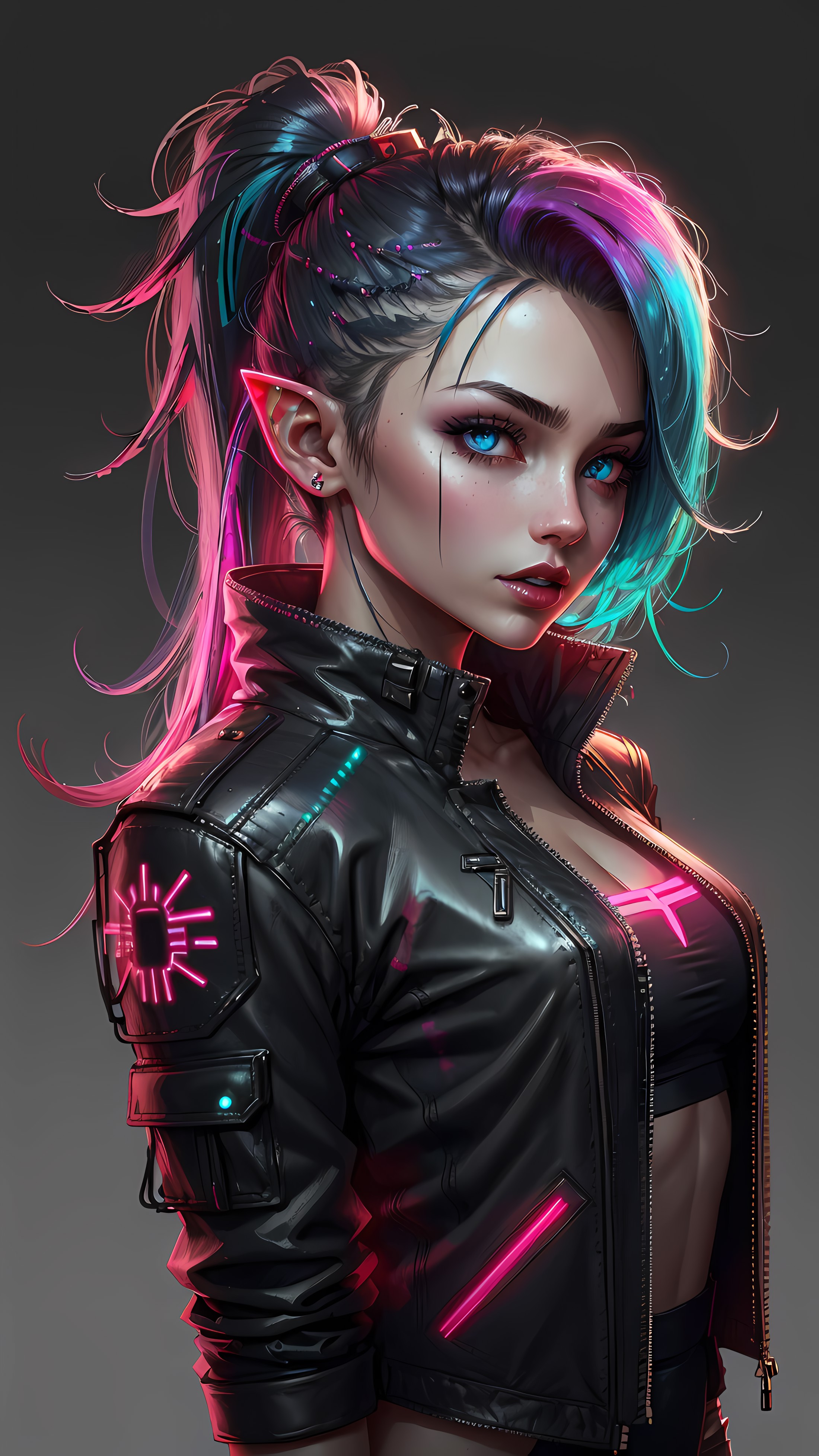 <lora:CyberPunkAI:0.8> CyberpunkAI, neon, 1girl, elf, neon hair, neon eyes, ponytail hairstyle, black leather jacket