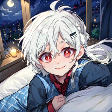 masterpiece, best quality, <lora:YuAruXL:1> yuaru, 1boy, solo, +_+, long hair, white hair, red eyes, light blue pajamas, tired, small smile, lying on bed, ;\), night, bedroom, night view, looking at viewer, top view, low ponytail