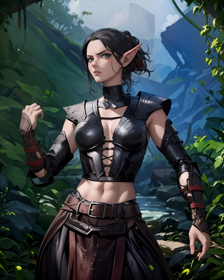 Sebille black hair, scar on cheek, elf armor sword, dagger