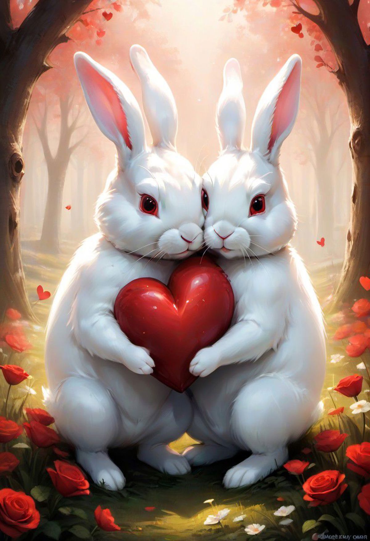 Two white bunnies hugging each other in front of a heart.