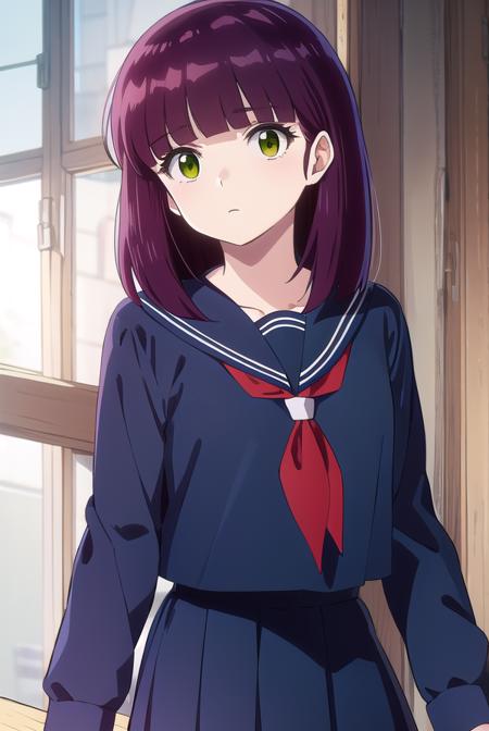 shinobumiyake, <lora:shinobu miyake s1-lora-nochekaiser:1>,
shinobu miyake, long hair, bangs, purple hair, (green eyes:1.5),
BREAK shirt, long sleeves, school uniform, serafuku, sailor collar, neckerchief, red neckerchief, shirt, blue shirt, blue sailor collar, blue skirt,
BREAK indoors, classroom,
BREAK looking at viewer, (cowboy shot:1.5),
BREAK <lyco:GoodHands-beta2:1>, (masterpiece:1.2), best quality, high resolution, unity 8k wallpaper, (illustration:0.8), (beautiful detailed eyes:1.6), extremely detailed face, perfect lighting, extremely detailed CG, (perfect hands, perfect anatomy),