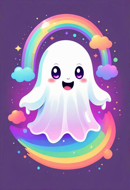 Adorable kawaii ghost, Flat color vector art, Rainbow hues, Cute expression, (Flat design:1.2), Playful spirit, Friendly aura, Bright colors, (Charming simplicity:1.2).