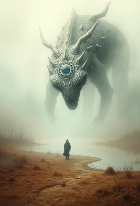 A soft pastel color image of a monster with high contrast and low-key lighting.  The image features a dreamlike atmosphere, muted earthy tones, a soft palette, rural landscapes, solitary figures, serene water scenes, a blend of abstraction and realism, textured surfaces, ethereal light, a poetic, meditative style, and deep shadows.