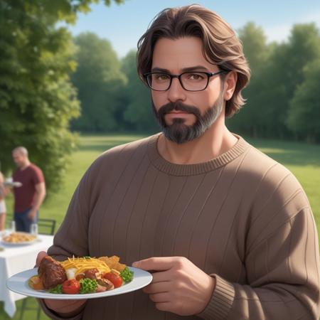 Portrait of \( Miguel José Roa Reyes \) standing with a plate of food in his hand at an outdoors party: solo, 1boy, male focus, middle-aged, age:46, 5'10", 160 lbs, slim built, pale skin, brown hair, brown eyes, eyeglasses, straight nose, beard, whool sweater, thoughtful expression, outdoors, greenery, (close-up:1.4), realistic, masterpiece, correct anatomy, sharp focus, field of view