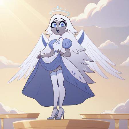 xemilyx, long hair, white hair, bangs, blue eyes, halo, colored skin, angel wings, multiple wings, no pupils dress