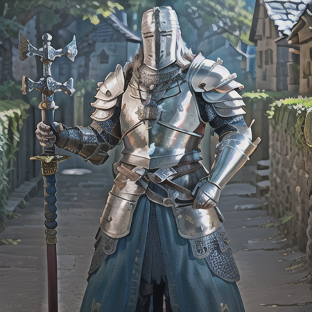 an heavyknight, standing in front  of medieval village, holding a mace,waering armor, tabar,  full-length photo, 70mm lens, symmetrical, posing, sharp, textured skin,  realistic,intricated detailed, detailed gauntlet ,(perfect fingers:1.2),  photographed by a Nikon Z7 II Camera,(high detailed armor:1.2),8k uhd,  <lora:heavyknight:0.8>