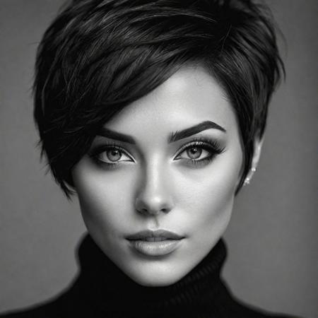ultra sharp portrait photography of a beautiful woman with short feminine hair, ultra detailed, detailed eyes, black and white, high contrast  ar 3:5