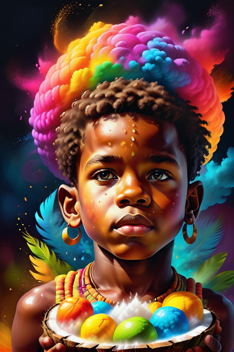 Colorful Painting of a Young Girl with a Crown of Feathers on Her Head