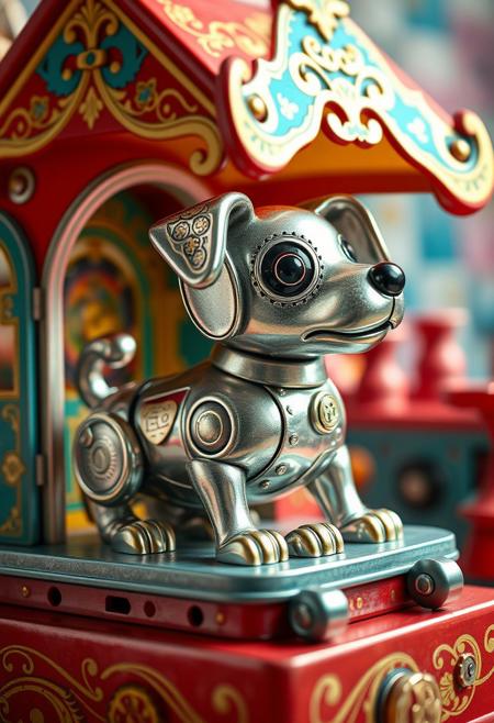 "Illustrate a vibrant, hyper-realistic image of a windup toy puppy in its doghouse, with intricate details and textures that seem to leap off the page. The puppy is a beautifully crafted, mechanical toy with shimmering metallic fur and a delicate, gear-driven tail that seems to wag with excitement. The doghouse is a colorful, ornate structure with intricate etchings and a delicate, filigree-style roof. The surrounding environment is a whimsical, toy-filled landscape with subtle details and textures that seem to bring the scene to life. The mechanical workings of the windup mechanism are visible, with delicate gears and springs that seem to pulse with energy. The overall effect is one of nostalgic, childhood wonder, as if the windup puppy is a beloved toy come to life." highest-Quality, intricate details, visually stunning, Masterpiece