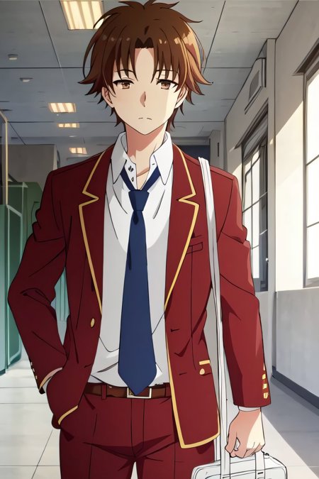ayanokoji kiyotaka, 1boy, anime boy, brown hair, anime, boy, brown eyes, closed mouth, school uniform, indoors, eye contact, looks at the viewer, outside, looks to the side, school sports uniform, evening, open mouth, night, closed eyes, sitting with his head propped on his hand, he sits with his hands folded in the castle thoughtfully, side view, casual clothing, naked male torso