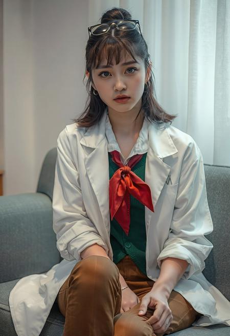 DLSR photograph, slender, beautiful  26 year old korean model . Pale skin, 
lighting<lora:MoriiMee_Gothic_Niji_Style_FLUX:0.3500000000000001> <lora:AsirAsianPhotographyflux:0.7000000000000002>
score_9, score_8_up, score_7_up, source_anime, solo, 1girl, ema skye, annoyed expression, rolling eyes, looking at viewer, sitting, couch, half updo, sunglasses, eyewear on head, white lab coat, sleeves rolled up, green vest, red neckerchief, brown pants, blue eyes, indoors, living room