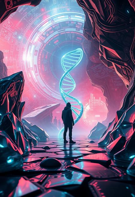 Peer into a realm where nanotechnology art converges with cyberpunk futurism. In a virtual reality setting, a lone hacker stands amidst a swirling vortex of holographic code, futuristic UI, and virtual landscapes. The surreal scene unfolds through an Augmented Reality Lens, as if viewed through a 4K-resolution interface. The DNA double helix structure at the heart of this fantastical landscape radiates an otherworldly glow, casting an ethereal light on the surrounding crystal glass and curved metal formations. The mysterious colors and luminescent hues evoke a sense of wonder, beckoning the viewer to immerse themselves in this mesmerizing world.
