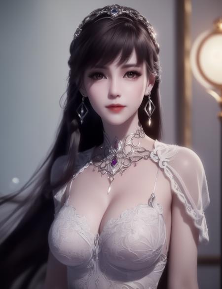 ultra realistic 8k cg, picture-perfect face, flawless, clean, masterpiece, professional artwork, famous artwork, cinematic lighting, cinematic bloom, perfect face, beautiful face, fantasy, dreamlike, unreal, science fiction, huge breasts, beautiful clothes, lace,
((,1girl, pov,))  (((1girl, solo, blurry, long_hair, earrings, depth_of_field, jewelry, blurry_background, web_address, looking_at_viewer))) <lora:DA_XiaoWuGodClothes:0.6>