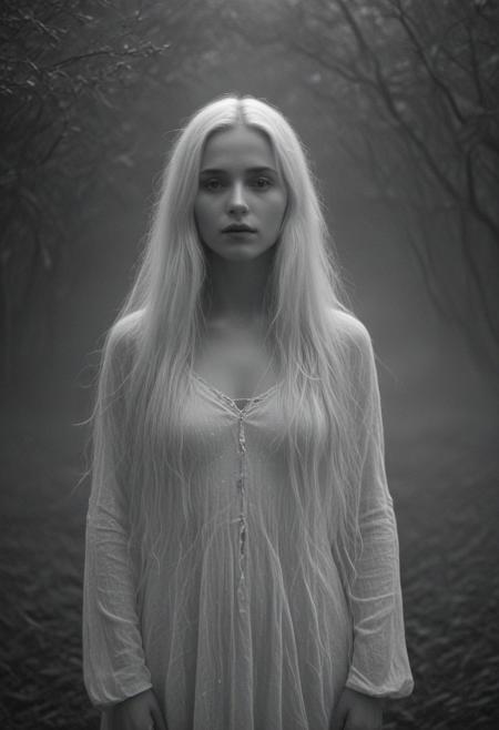 A monochrome photograph of a white-haired girl standing gracefully at the center of a misty, ethereal scene. Soft, diffused light envelops her, highlighting the serene beauty of her delicate features. Her long, flowing white hair catches the light, creating a gentle glow around her, giving her an almost otherworldly presence. The intricate texture of her skin is visible, with finely detailed pores that add a lifelike quality to the image. A subtle film grain effect enhances the cinematic feel, while the low-key lighting amplifies the mysterious, tranquil atmosphere. The scene is filled with an almost dreamlike mist, and the girl's figure exudes calm and serenity. The composition is asymmetrical, with careful attention to the play of light and shadow, creating a striking chiaroscuro effect. The perspective view and delicate light work add depth to this peaceful and haunting moment. <lora:Biolumins v1:0.15>