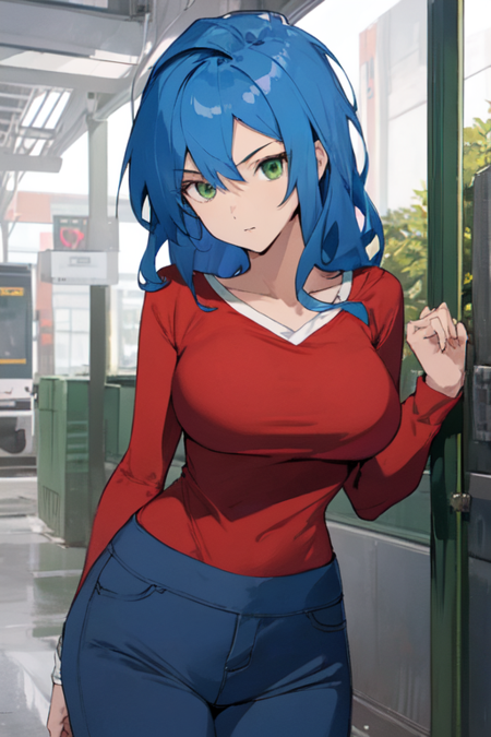 MitsukiKappa, 1girl, solo, long hair, large breasts, green eyes, blue hair, heart, pants,  red shirt, long sleeves, blue pants, 