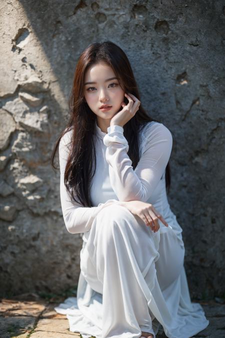 1girl, aodai white, photo art, (flower), <lora:aodai_SDLife_Chiasedamme_v3.0:0.62>, a stunning photo with beautiful saturation, ultra high res,(realistic:1.4)),deep shadow,(best quality, masterpiece), pale skin, dimly lit, shade, flustered, blush, highly detailed, skinny, BREAK depth of field, film grain, wrinkled skin, looking at viewer, knee, warm smile, (upper body), masterpiece,ultra realistic,32k,extremely detailed CG unity 8k wallpaper, best quality, (full body:1.4)