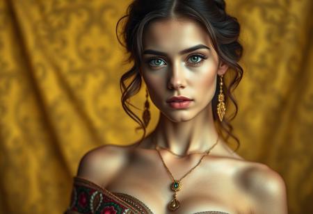 Byzantine style portrait of girl with golden background, sexy outfit, upper body, front view, (Masterpiece, Top Quality, Top Image Quality, Official Art, Aesthetic and Beautiful:1.2), (1girl:1.4), Portrait, Superb Color, Top Definition, Simple background, 16K, High Resolution, Perfect Dynamic Composition, Bokeh, (Sharp Focus:1.2), Super Wide Angle, High Angle, High Color Contrast, Medium Shot, Depth of Field, Background Blur,,itacstl