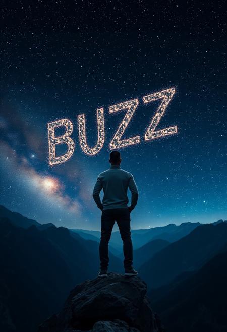 a professional shot of the back of a man. standing on the edge of a rocky cliff.
the sky is filled with strange glimmering particles writing "BUZZ" in the air around him.
stars and far away Galaxies and nebular are shimmering on the black night sky between the high mountains in the distance.
the sharp contrast and booming colors pushing the boundaries of traditional high quality photography and Fantasy