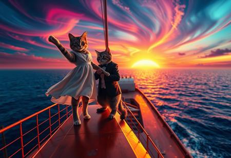 A highly detailed and humorous recreation of the iconic *Titanic* scene, but with two anthropomorphic cats on the bow of the ship. One cat, wearing a flowing dress, stands at the edge with its paws outstretched, embracing the wind and open sea. Behind it, another cat in a tuxedo gently holds its waist, gazing at it with admiration. The vast ocean stretches endlessly in the background, reflecting a breathtaking neon sunset. The ship’s deck glows with warm, cinematic lighting, showcasing intricate vintage nautical details. The perspective is exaggerated, enhancing the whimsical, surreal effect. The sky swirls with psychedelic colors, and the ocean waves shimmer with vibrant, dreamlike hues. Created using: cinematic lighting, hyper-realistic textures, vibrant neon highlights, artistic composition, atmospheric depth, detailed feline expressions, oceanic reflections, vintage ship aesthetics, Highly reminiscent of the iconic titanic bow scene with the ship body in the background and the bow in the foreground,