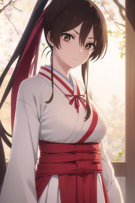 sagiri yamada asaemon, long hair, black hair, ponytail, high ponytail, (brown eyes:1.5), japanese clothes, kimono, hakama,
