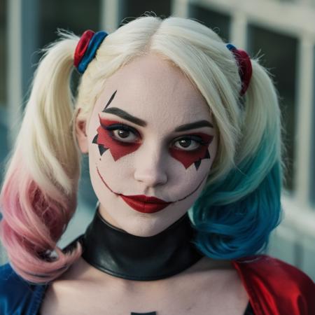 High res closeup portrait photo of an actress dressed as Harley Quinn, f /2.8, Canon, 85mm,cinematic, high quality, skin texture, looking at the camera,  , <lora:asmrdarling_xl_2_standard_merger_21_51_055_045:1>