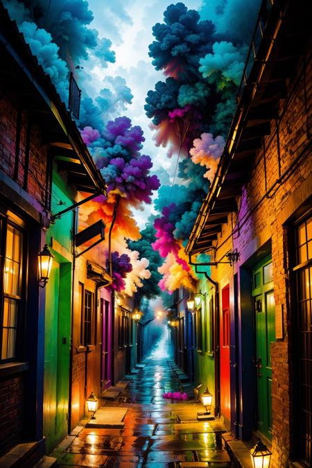 colorful_fumes, a quaint alleyway at night <lora:colorful_fumes:0.9>, <lora:add_detail:0.5> <lora:realistic:0.5>