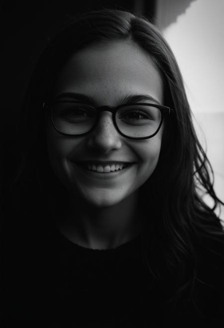 close up dramatic faceshot, full face and hair, dramatic side angled, beautiful young girl with prominent dimples and wearing glasses, 
ultra detailed skin, perfect eyes, smiling, 
realistic high resolution image, life like quality, cinematic scene with natural window lighting on partial face,
natural skin texture,, fine pores, realistic skin, intricate skin details,, skin dentation, black and white, dark vignette around image,