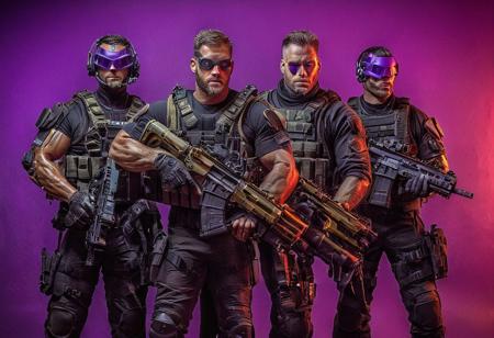 A group of elite mercenary warriors equipped with the latest weaponry and advanced technology, dressed in sleek, modern armor, ready for combat. They represent a diverse range of specialties including (((three riflemans, one medic, one machine gunner, one sniper, one battle mage, and one engineer.))) They stand together in a dynamic composition, each figure poised in a distinctive action pose, with a colorful, detailed background that complements their advanced equipment. Masterpiece, high quality, colorful background, different poses, different armor, different weapons, action poses, 4k, grenade launcher, machine-gun, assault rifle, sniper rifle, purple colors