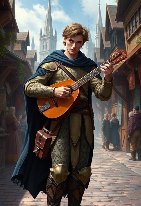 “Design a tall, thin, and attractive human male in his early 20s, playing the lute. He is a level 3 Bard in a Dungeons & Dragons fantasy setting. Dressed in light leather armor with intricate patterns, a flowing dark-blue cloak, and a satchel filled with parchment and musical notes at his side, he stands in a vibrant, medieval marketplace. His lute is finely crafted with decorative inlays, and he strums it confidently, enchanting the onlookers around him. The background features cobblestone streets, wooden stalls, and distant towering spires. The atmosphere feels alive with magic and music.”
