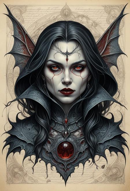 Finely detailed vector illustration, biological study, female Vampire, vetruvian style, ultra realistic quality, an explorer's pencil drawing, parchment background, hyperdetailed, intricately detailed, muted colors,fantastical,intricate detail,splash screen, fantasy concept art, 8k resolution, masterpiece, ink on old paper, calligraphy,