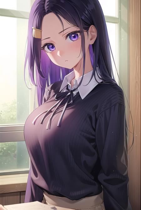 sayuriakino, <lora:sayuri akino manga-lora-nochekaiser:1>,
sayuri akino, long hair, hair ornament, hairclip, purple hair, (purple eyes:1.1), (forehead:1.2),
BREAK shirt, white shirt, collared shirt, sweater, black sweater,
BREAK indoors, classroom,
BREAK looking at viewer, (cowboy shot:1.5),
BREAK <lyco:GoodHands-beta2:1>, (masterpiece:1.2), best quality, high resolution, unity 8k wallpaper, (illustration:0.8), (beautiful detailed eyes:1.6), extremely detailed face, perfect lighting, extremely detailed CG, (perfect hands, perfect anatomy),