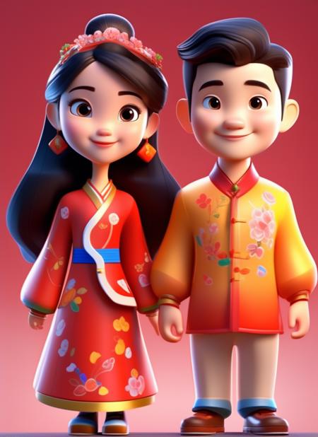 Chinese couple avatar, A cute smart boy and A cute smart girl, Wear fashionable and identical style clothes, Disney style, fine gloss 3D rendering, best quality, Bright, Fine gloss, super Detail, Light tracing, clay textures, paste colors, 16k, best quality, super detail, high details, disney cartoon