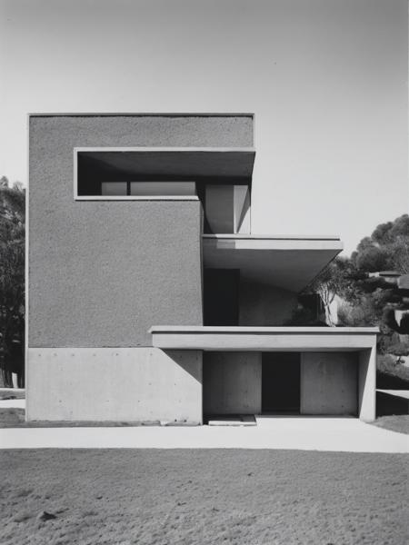 <lyco:RobertAdams:1.0> old black and white photo circa 1950 of a small windowless rough concrete home in the minimalist Brutalist style of architecture like Le Corbusier shaped like a single, right angle Tetris game piece in a suburban landscape.