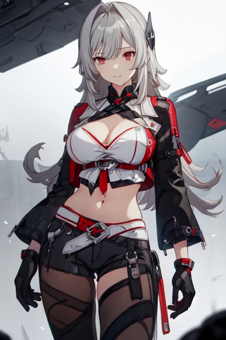 HeliaHonkai, 1girl, breasts, solo, long hair, grey hair, navel, cleavage, pantyhose, crop top, red eyes, midriff, black gloves, large breasts, black shorts, bare shoulders, red gloves, short shorts, hair intakes, asymmetrical gloves, single glove, thighhighs, detached sleeves, shirt, clothing cutout