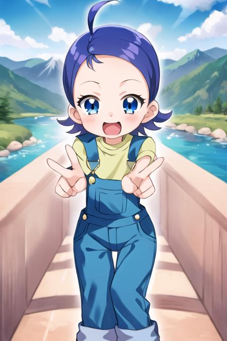 1girl, aksn_cs, blue eyes, short hair, blue hair, ahoge, bangs, forehead, blue overalls, green shirt, standing, looking at viewer, mountain, river <lora:aiko-senoo-casual:1>