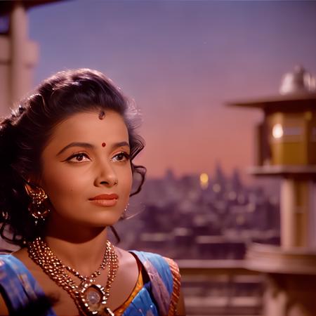 closeup of an indian girl on a rooftop, with long flowing (windswept hair:1.3), with glowing city windows in the background, at night, (1950s:1.2) color photo, tchnclr