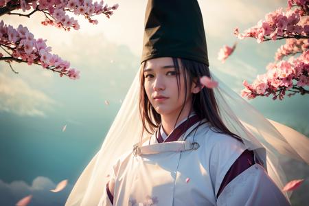 masterpiece, best quality,1boy, male focus, solo, veil,hat, japanese clothes, flower, cherry blossoms, petals, tate eboshi, looking at viewer, kariginu