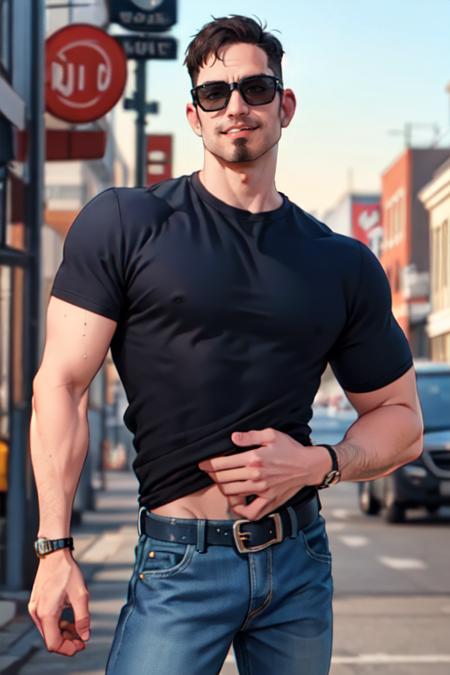 Deanmccoppin,  1guy,  t-shirt,  , sunglasses,  facial  hair,  belt,  denim pants,  boots,  best quality:1.2),  smirk,  masterpiece,  highness,  perfect face,  perfect picture,  detailed eyes,  sharp focus,  cowboy shot,  at the town, <lora:EMS-50964-EMS:1.000000>