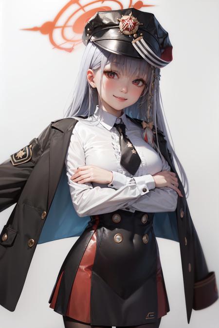 (masterpiece, best quality:1.2), <lora:ba_haruna-08:1>, cowboy shot, solo, 1girl, haruna \(blue archive\), smile, closed mouth, looking at viewer, black headwear, jacket on shoulders, white collared shirt, black necktie, long sleeves, skirt