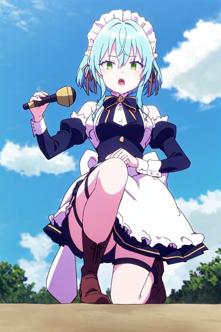 will, solo, blue hair, open mouth, apron, boots, white apron, skirt, sky, detached sleeves, 1girl, brown footwear, black sleeves, long sleeves, hair between eyes, holding, maid headdress, green eyes, one knee, day, black skirt, 1other, ribbon, maid, cloud, blue sky, shiny hair, shirt, thigh strap, outdoors, frills, bangs, black ribbon, shiny, long hair, miniskirt, waist apron, looking at viewer, standing, bow, from below, hand on own knee, neck ribbon
