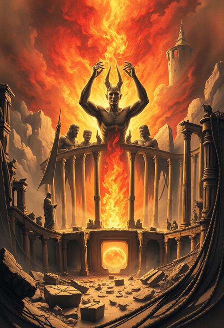 I also stood in Satan’s bosom & beheld its desolatons:
A ruin’d Man, a ruin’d building of God not made with hands;
Its plains of burning sand, its mountains of marble terrible;
Its pits & declivities flowing with molten ore & fountains
Of pitch & nitre; its ruin’d palaces & cities & mighty works;
Its furnaces of affliction, in which his Angels & Emanations
Labour with blacken’d visages among its stupendous ruins,
Arches & pyramids & porches, colonnades & domes,
In which dwells Mystery, Babylon; here is her secret place;
From hence she comes forth on the Churches in delight;
Here is her Cup fill’d with its poisons, in these horrid vales,
And here her scarlet Veil woven in pestilence & war;
Here is Jerusalem bound in chains, in the Dens of Babylon.