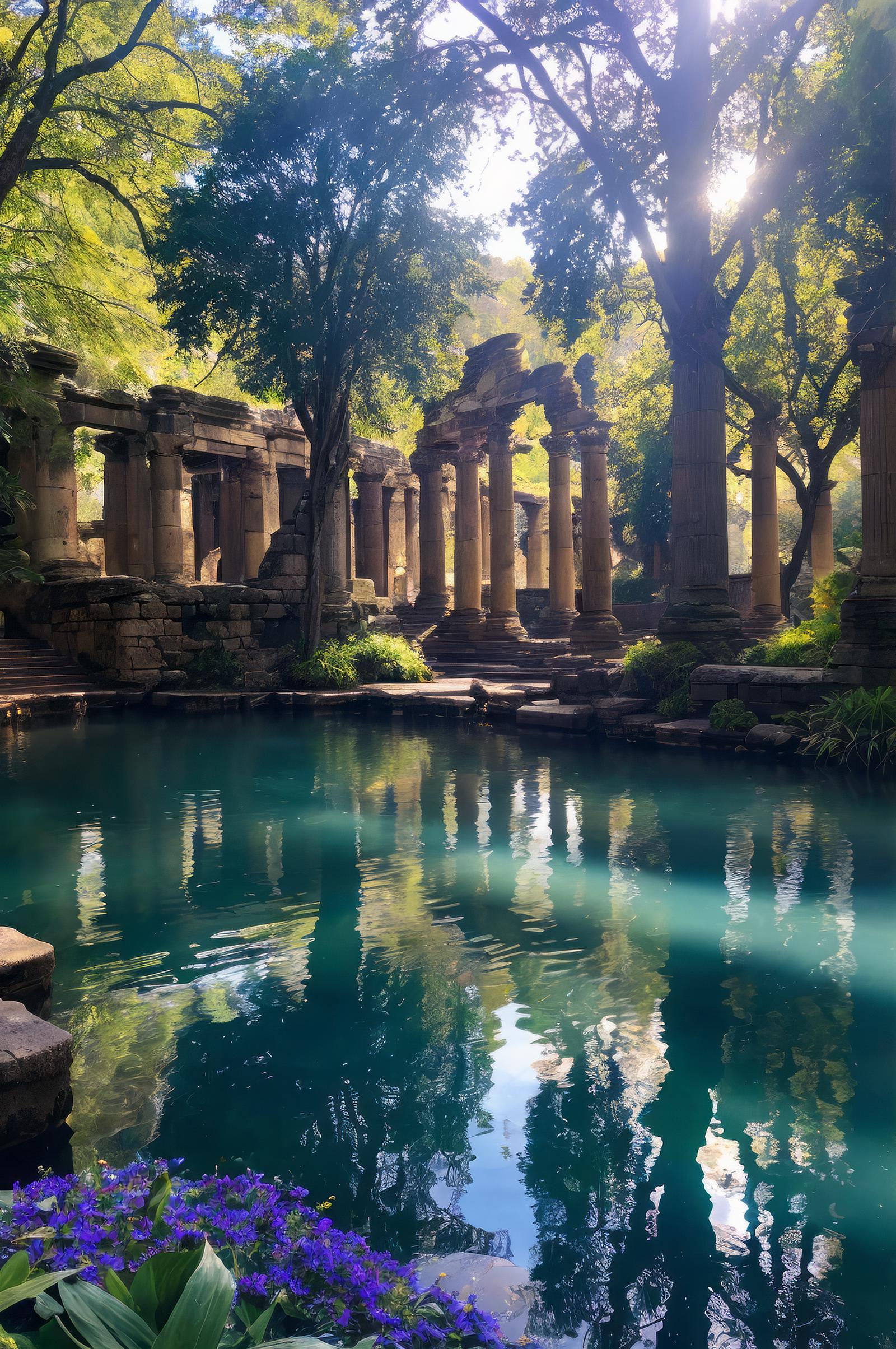 Ancient Stone Ruins with a Large Body of Water Reflecting the Sunlight