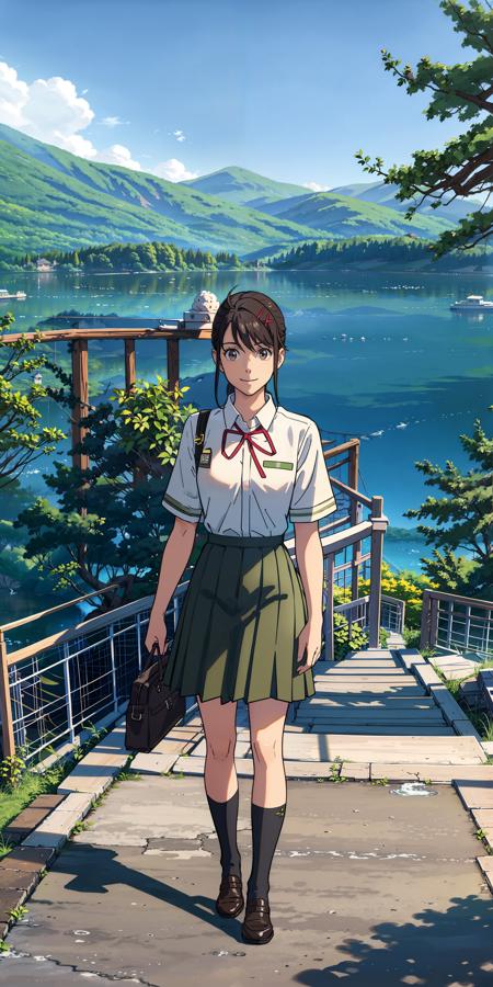 <lora:suzume:0.75>,suzu_me, 1 girl, solo, (standing), (looking at viewer:1.2),  brown eyes, black hair, hairclip, single drill, red ribbon, short sleeves school uniform,(green school skirt), black socks, black shoes,(smile),outdoors,(light rays:1.2),(sun:1.2),(blue sky:1.1), park,(flowers:1.1),(lake:1.2),(mountains:1.2),(houses:1.2),lawn,trees,from above,