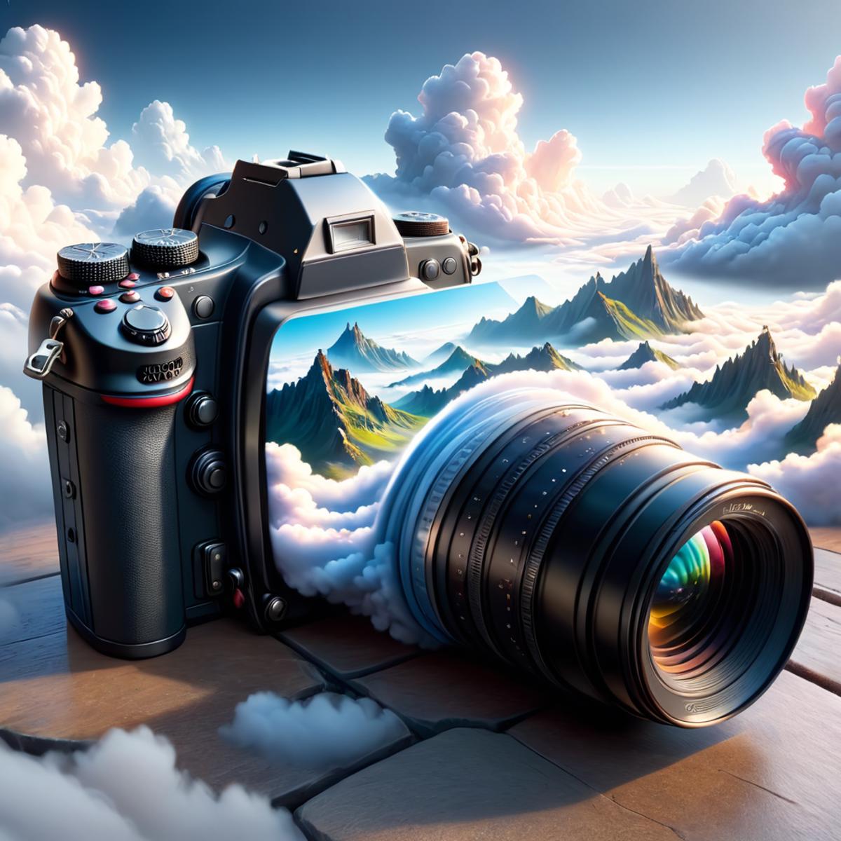 Artistic Rendering of a Camera with a Mountain Background